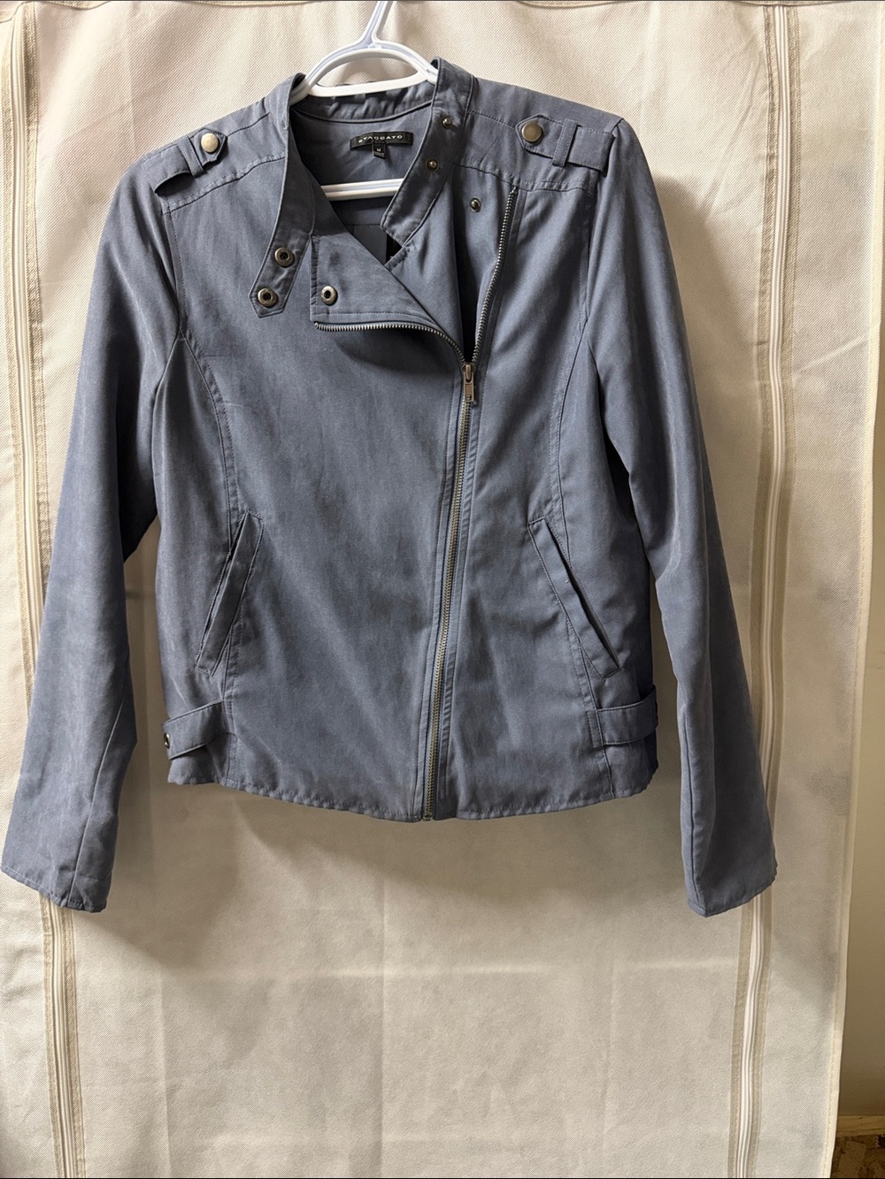 Staccato Slate Blue Asymmetrical Zip Moto Jacket - Epaulet Detail